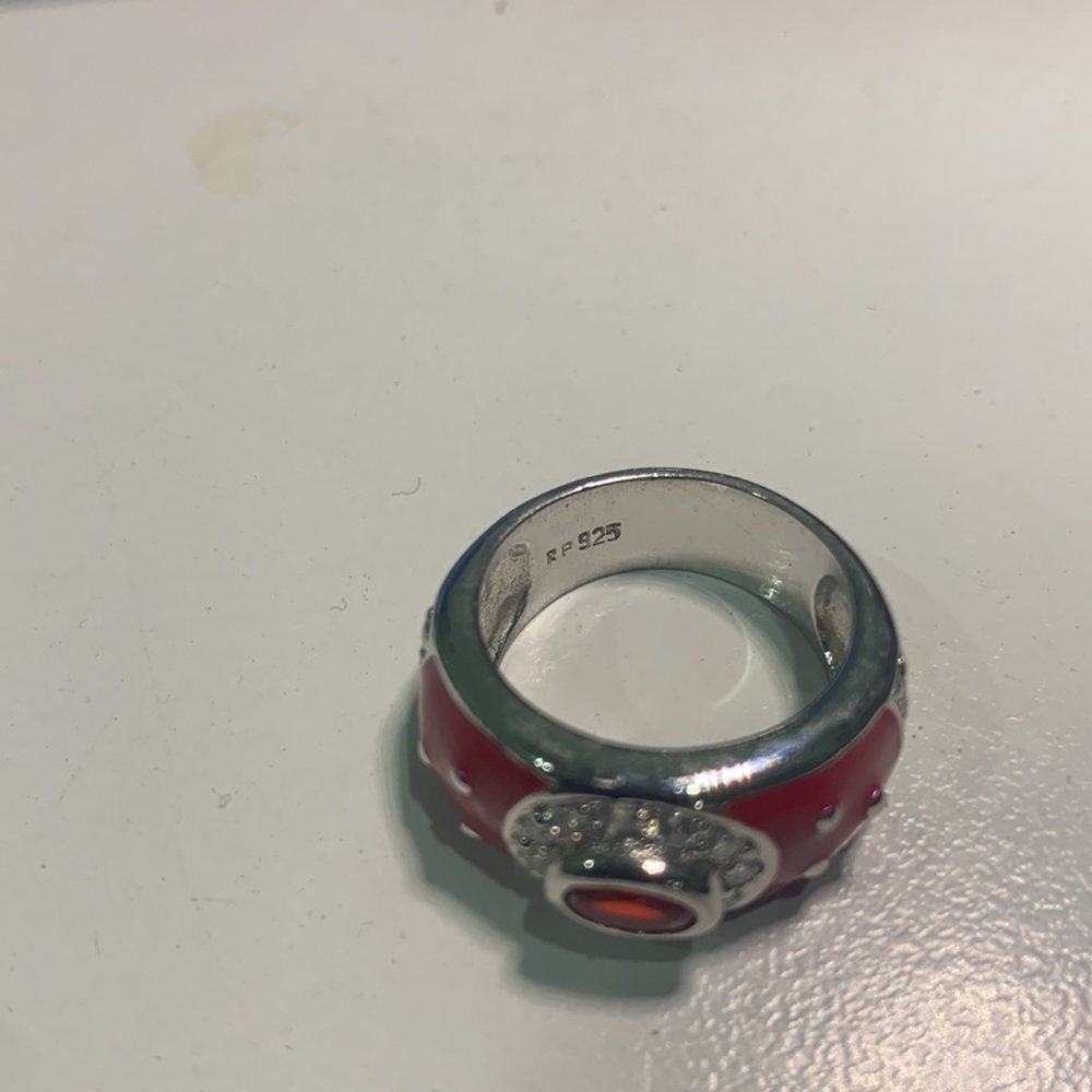 Vintage signed RP sterling silver red enamel ring rhinestones red & clear Sz 6.5 - Picture 8 of 11